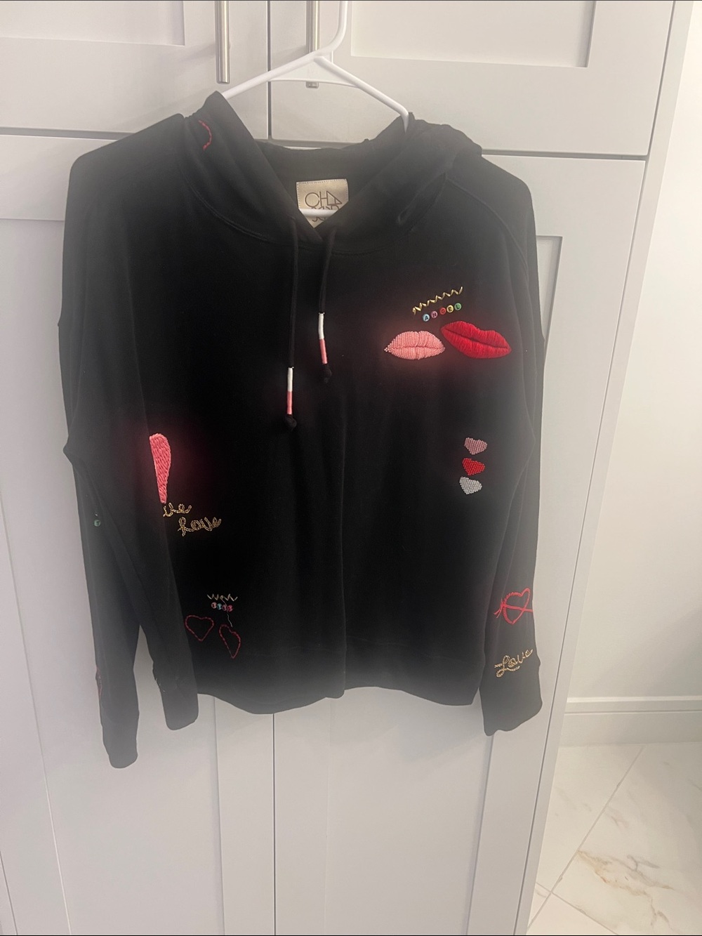 Chaser Black Hoodie Sweater with Pink & Red Embroidered Lips